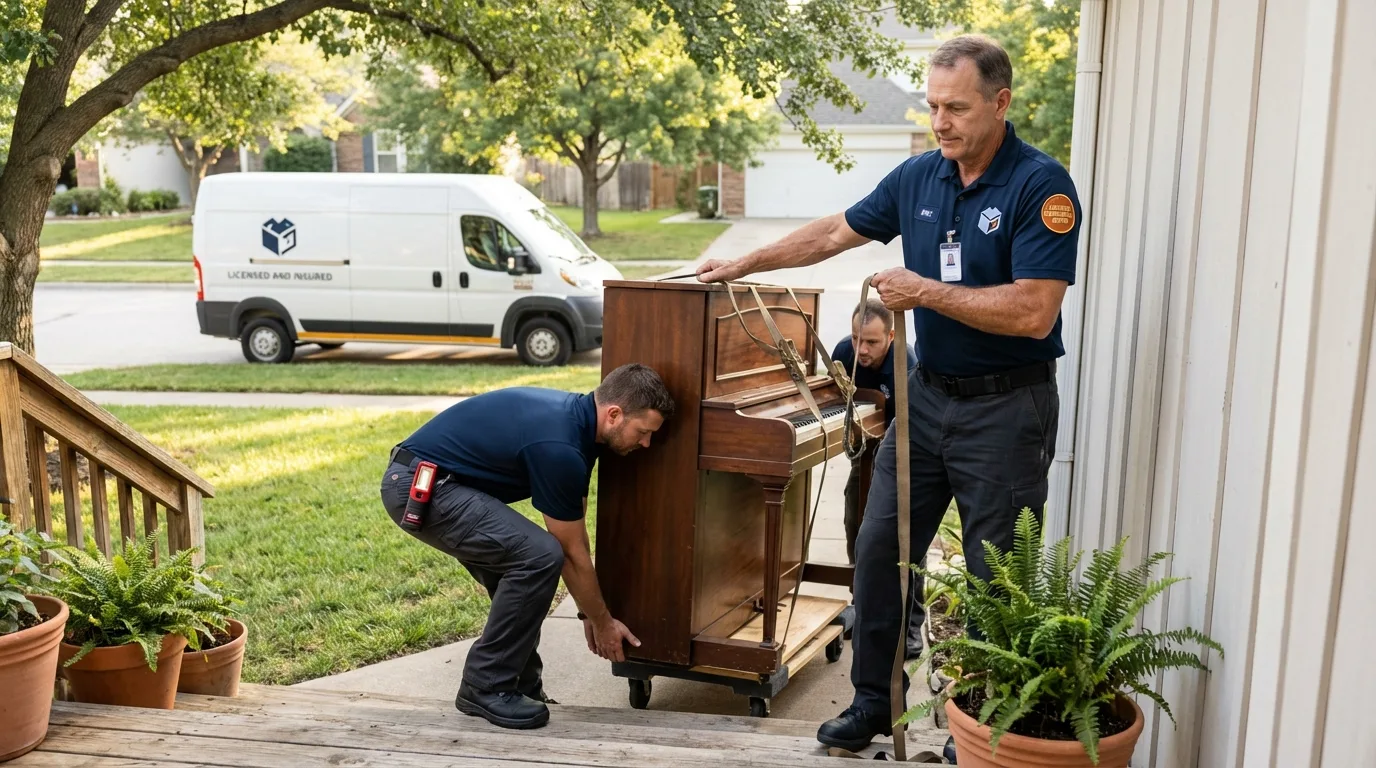 Licensed piano movers securing grand piano in Lyons, CO