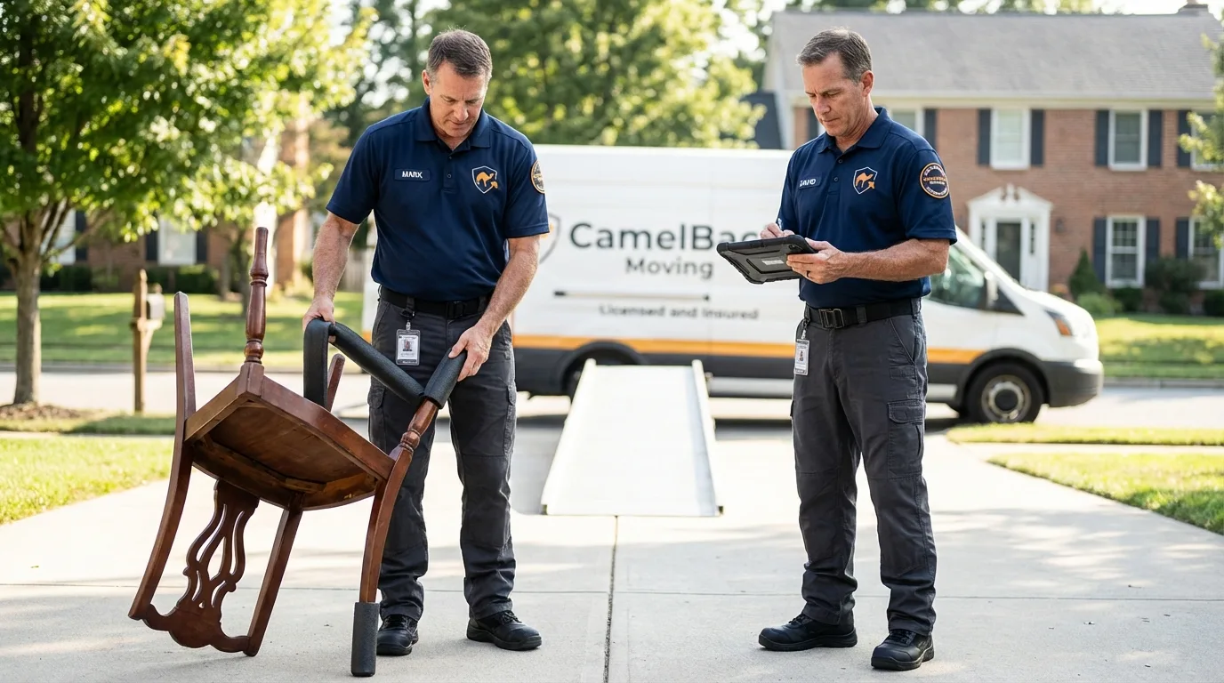 Movers inspecting furniture for damage prevention before loading in Lyons, CO