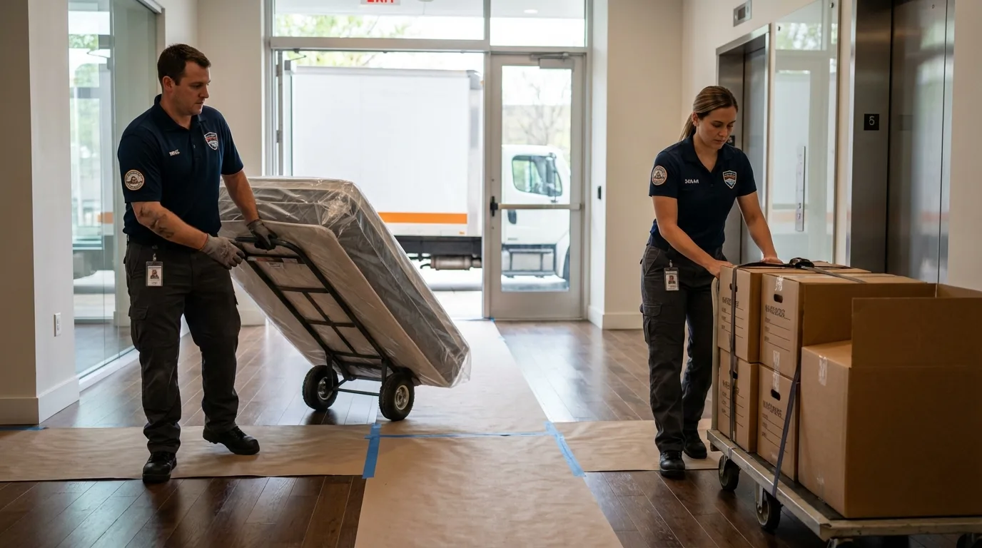 Professional apartment movers loading elevator in Lyons, CO